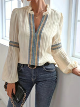 Notched Textured Balloon Sleeve Blouse